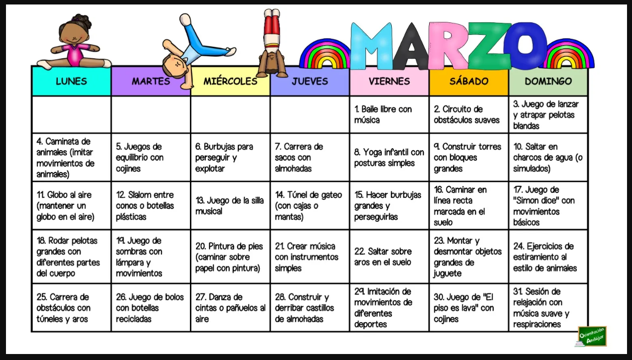 Calendario De Actividades Motrices Para Infantil Marzo