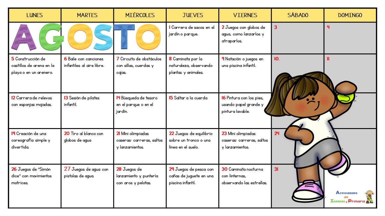 Calendario De Actividades Motrices Para Infantil Agosto